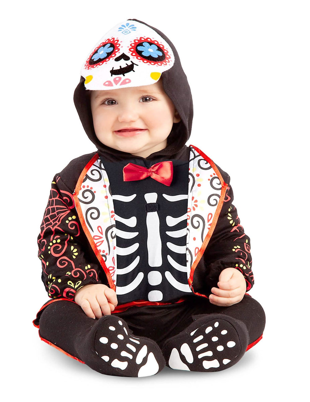 Preobleka mini skelet Dia de los muertos za dojenček črna z barvitimi motivi in rdeča metulji