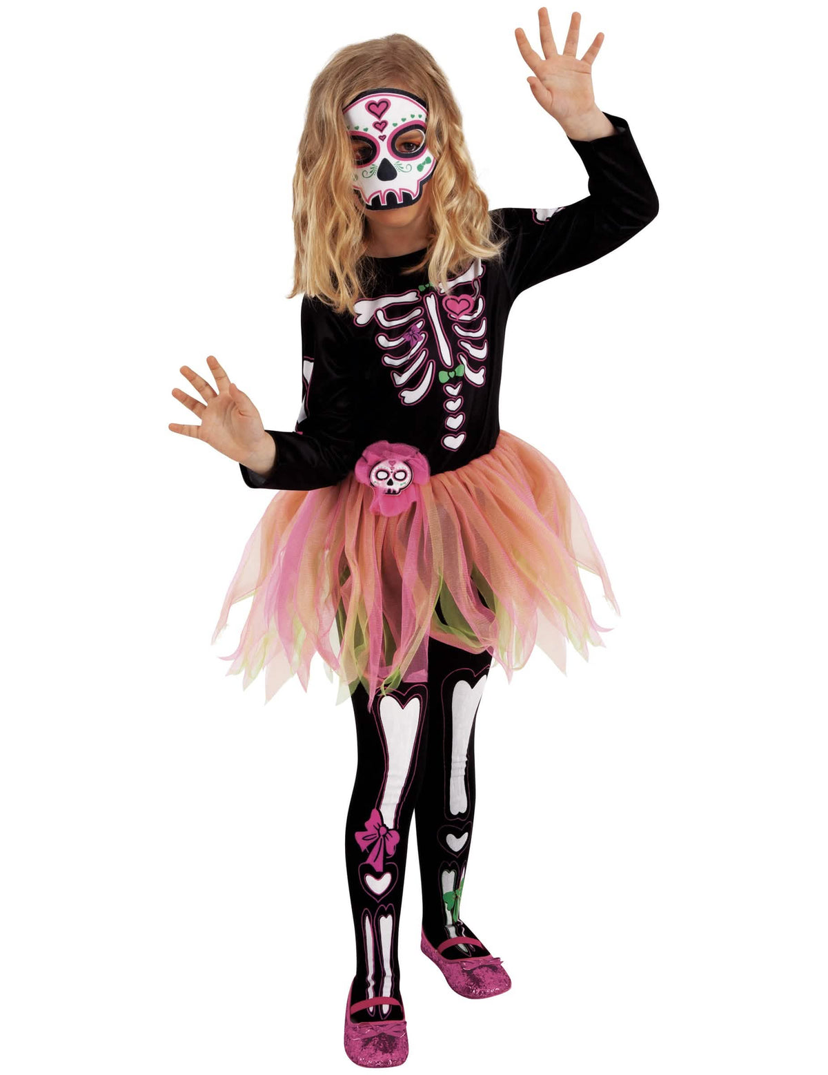Preobleka Miss Dia de los Muertos za dekle črna in roza z masko in nogavicami