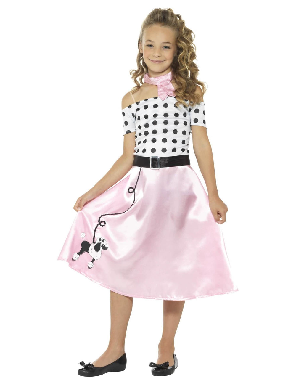 Preobleka miss girly iz 50. let za dekle v roza in beli barvi s pikami in krilom v slogu pudlja