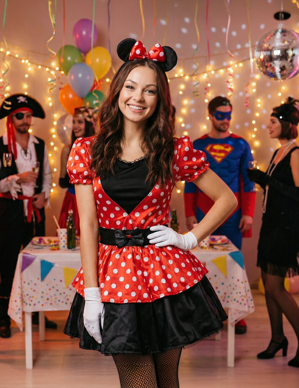 Déguisement Miss Mouse pour femme rouge à pois blancs et noir avec serre-tête