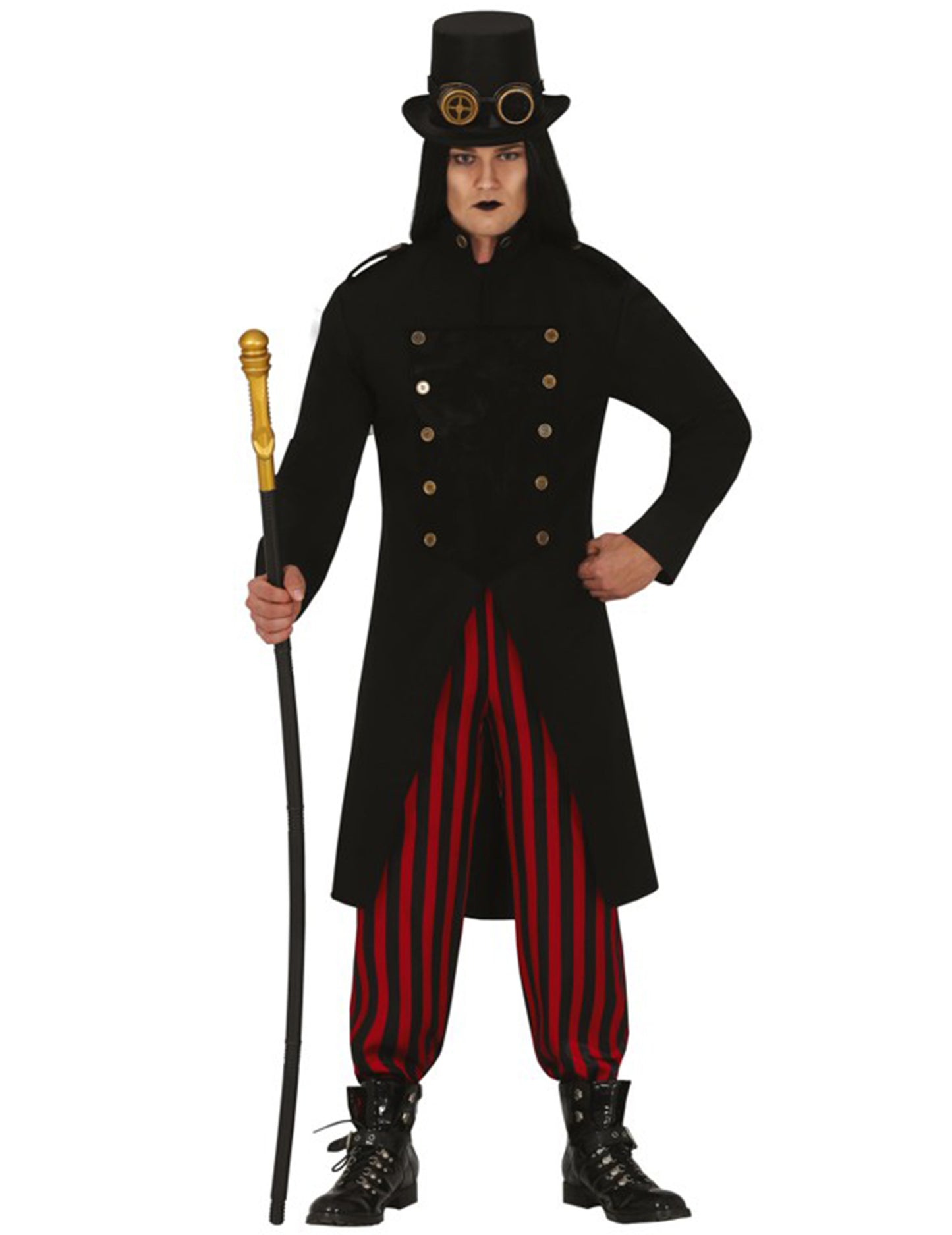 Déguisement Steampunk pour adulte noir et rouge avec haut-de-forme et lunettes