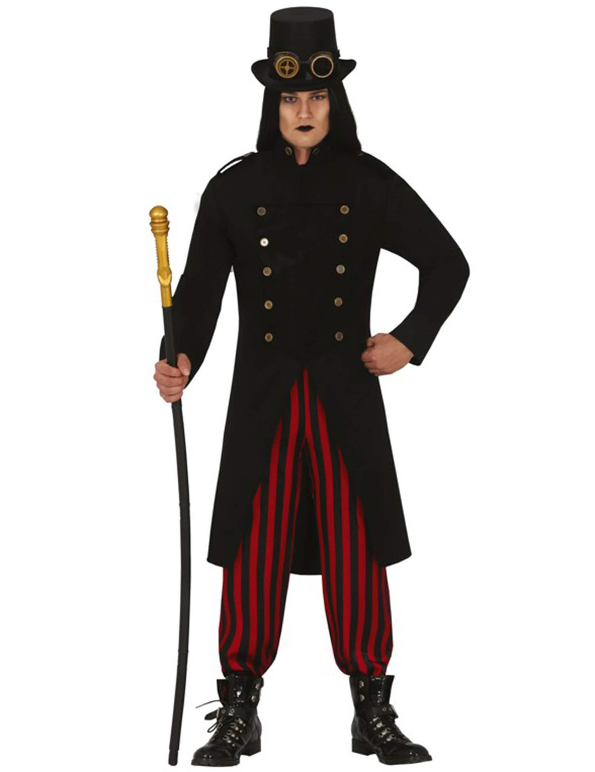 Déguisement Steampunk pour adulte noir et rouge avec haut-de-forme et lunettes