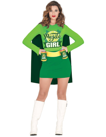 Déguisement de Mojito Girl pour femme vert avec cape et ceinture porte-canettes