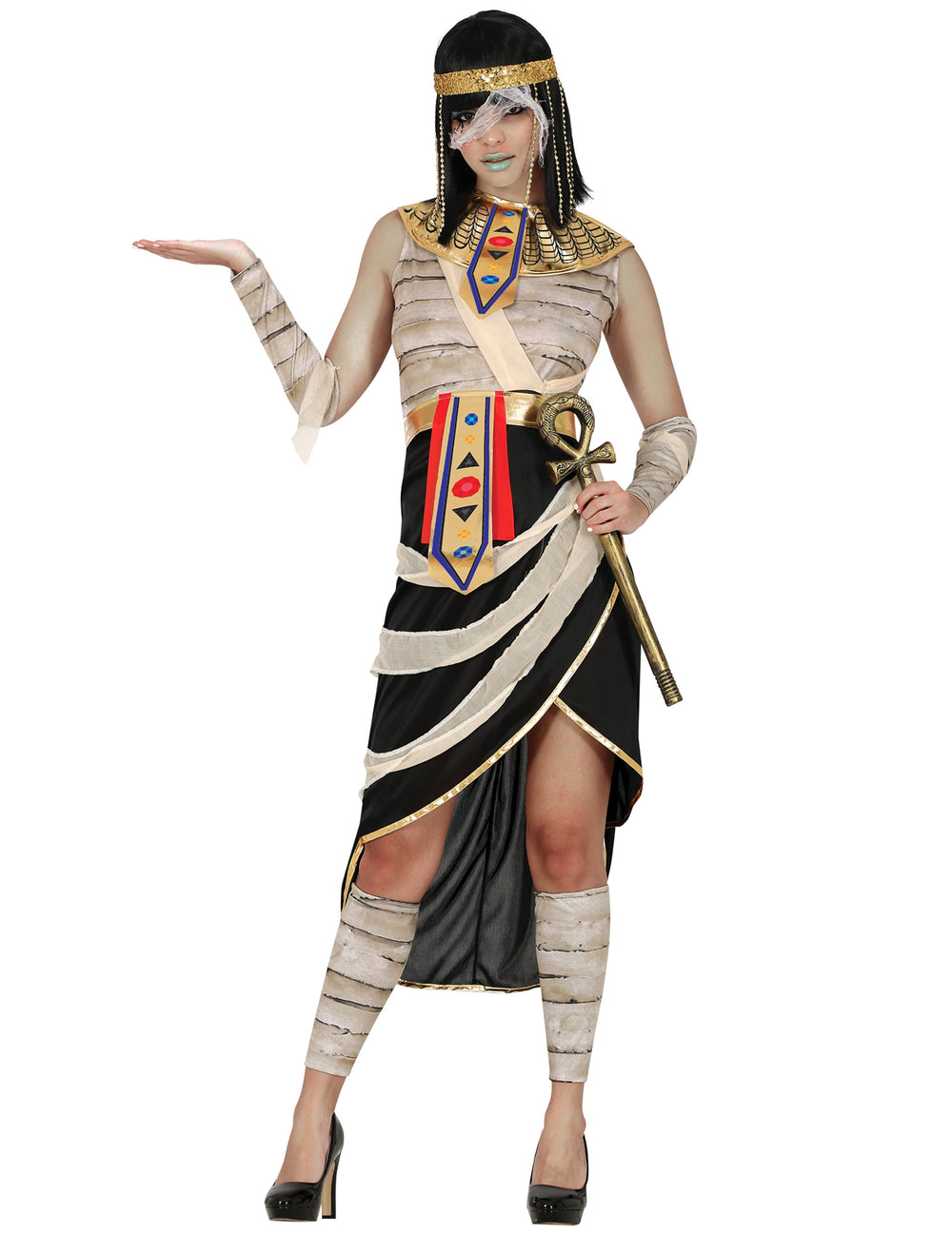 Déguisement de momie Egyptienne pour femme noir et or avec bandages