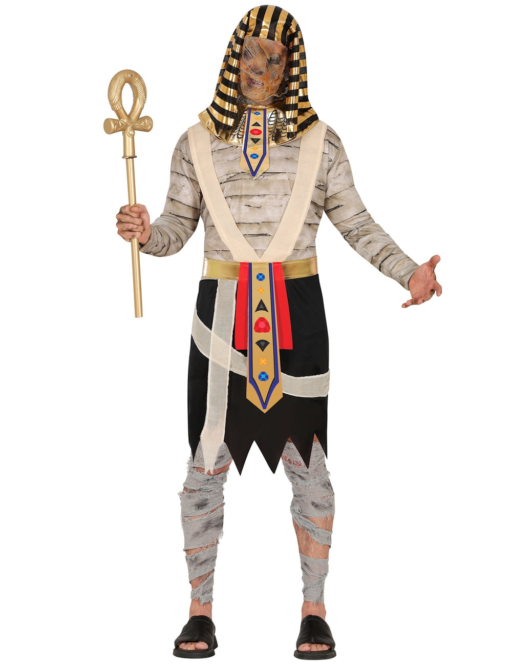 Déguisement de momie égyptienne pour homme beige et noir avec coiffe dorée et sceptre