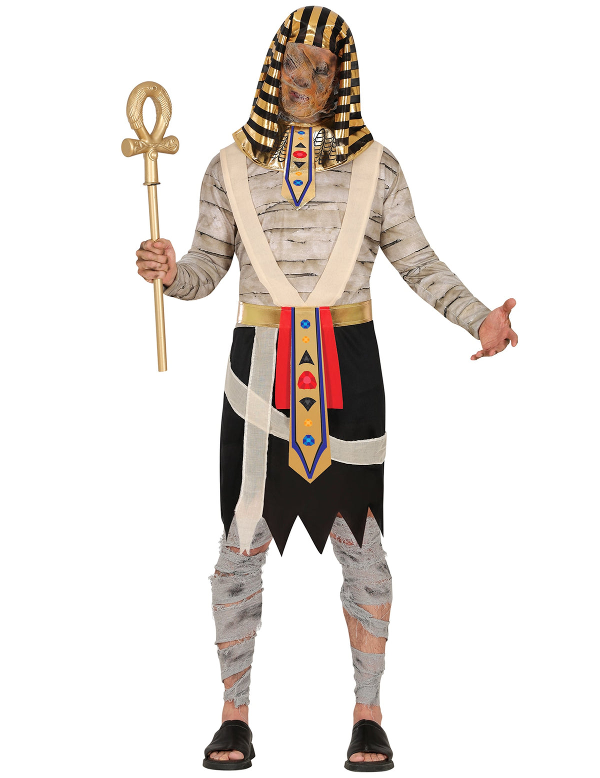 Déguisement de momie égyptienne pour homme beige et noir avec coiffe dorée et sceptre
