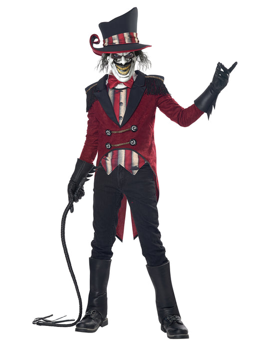 Déguisement monsieur loyal diabolique pour enfant rouge et noir avec masque et chapeau