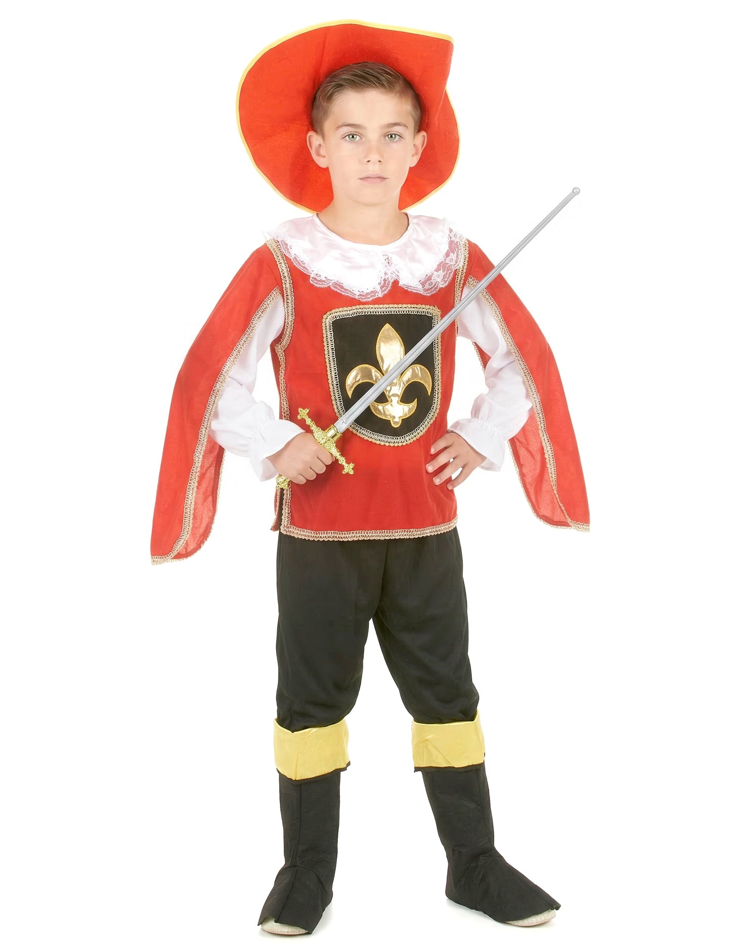 Vue de face avec épée du déguisement de mousquetaire pour garçon