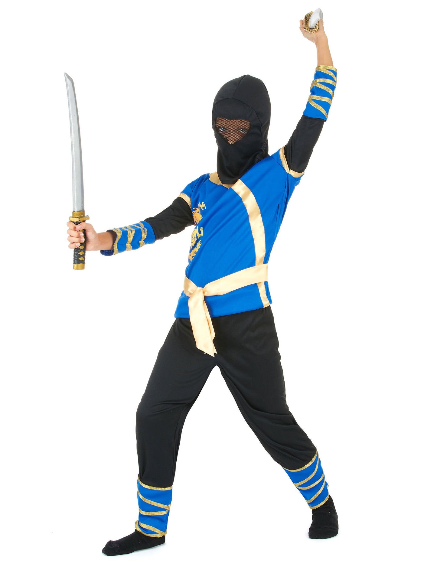 Vue en action avec sabres du déguisement ninja pour garçon