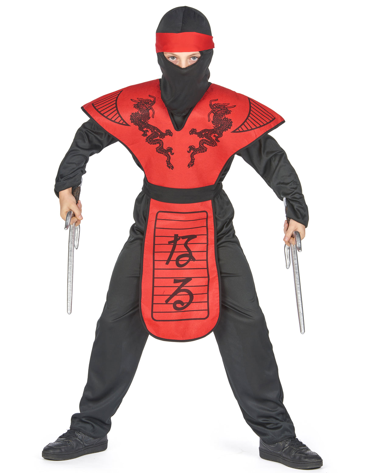 Vue de face du déguisement ninja dragon rouge pour garçon