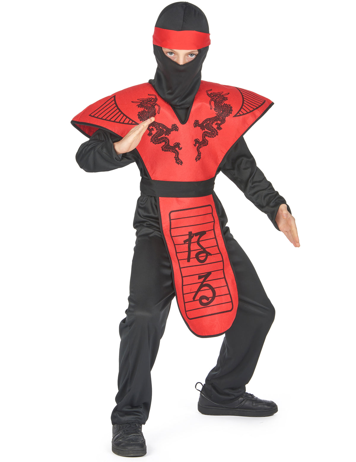 Posture de combat du déguisement ninja dragon rouge pour garçon