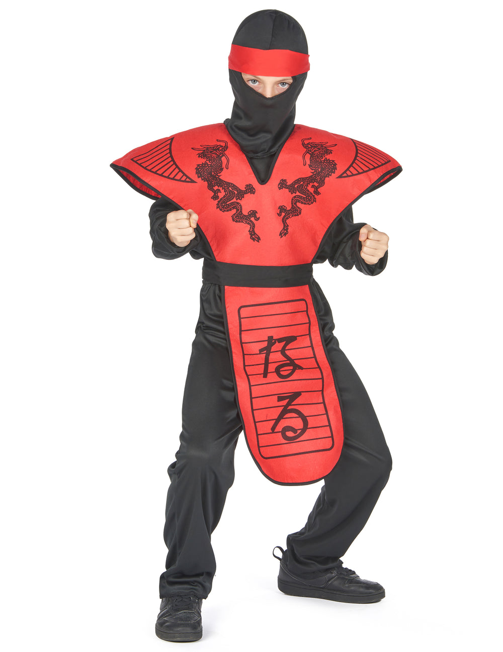 Déguisement ninja dragon rouge pour garçon noir et rouge avec cagoule