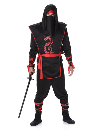 Déguisement ninja pour homme noir et rouge avec imprimé dragon