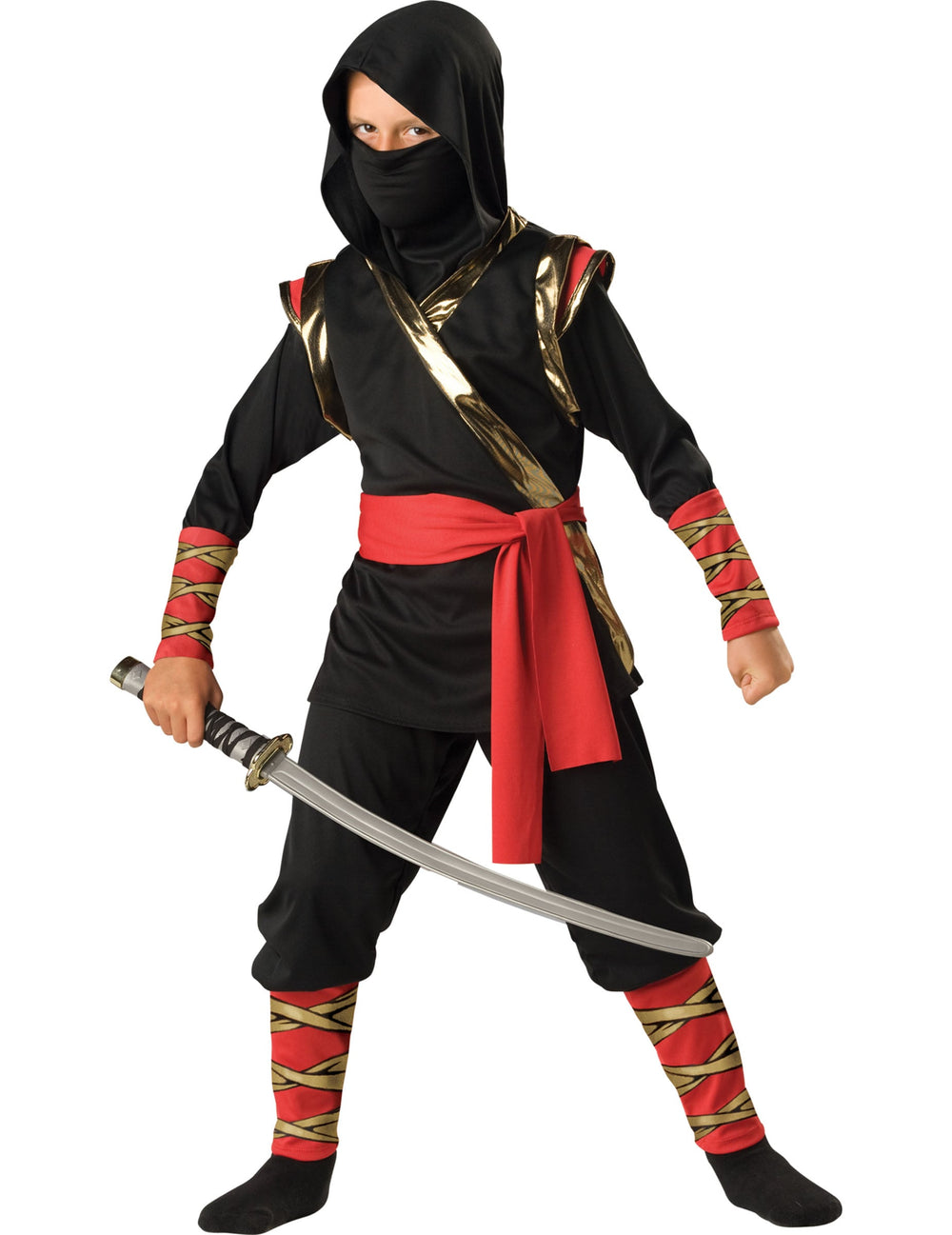 Déguisement ninja pour enfant noir rouge et or avec cagoule