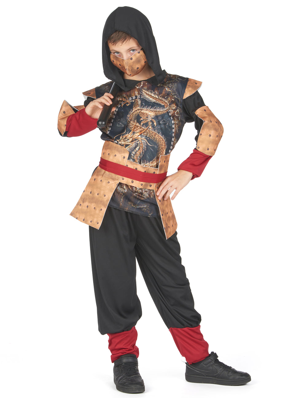 Vue de face avec masque et capuche du déguisement ninja traditionnel