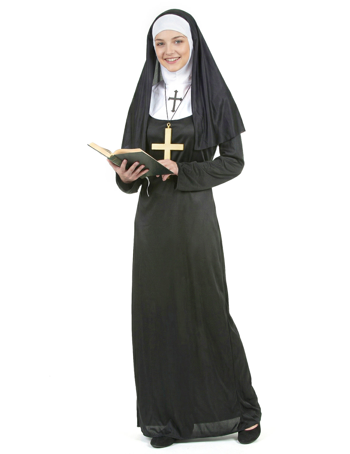 Déguisement de nonne pour femme noir et blanc avec voile et croix dorée