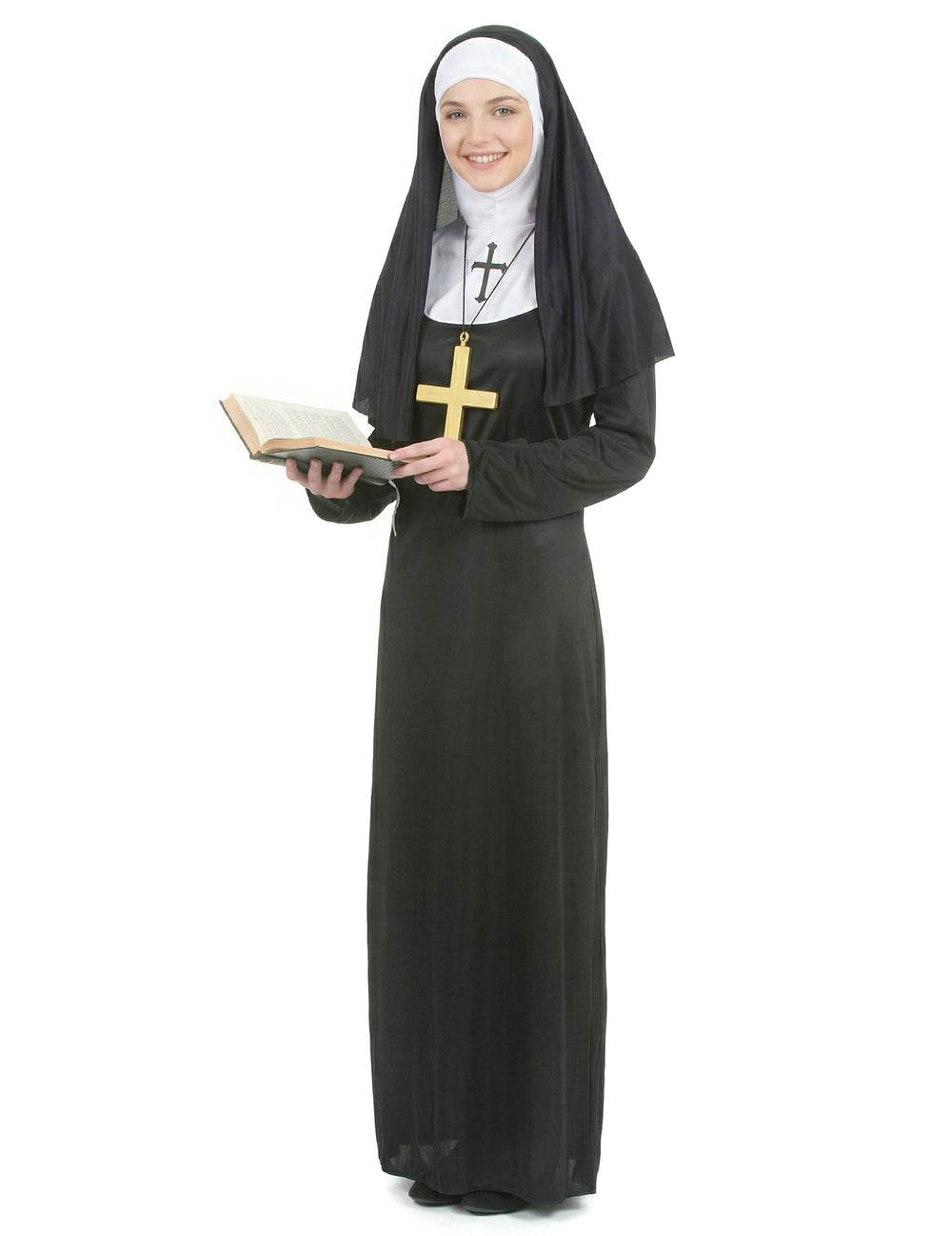 Vue de trois-quarts tenant une bible du déguisement de nonne pour femme