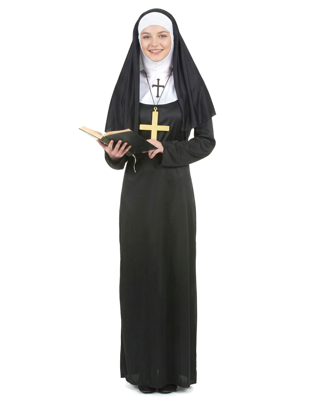 Vue de face tenant une bible du déguisement de nonne pour femme