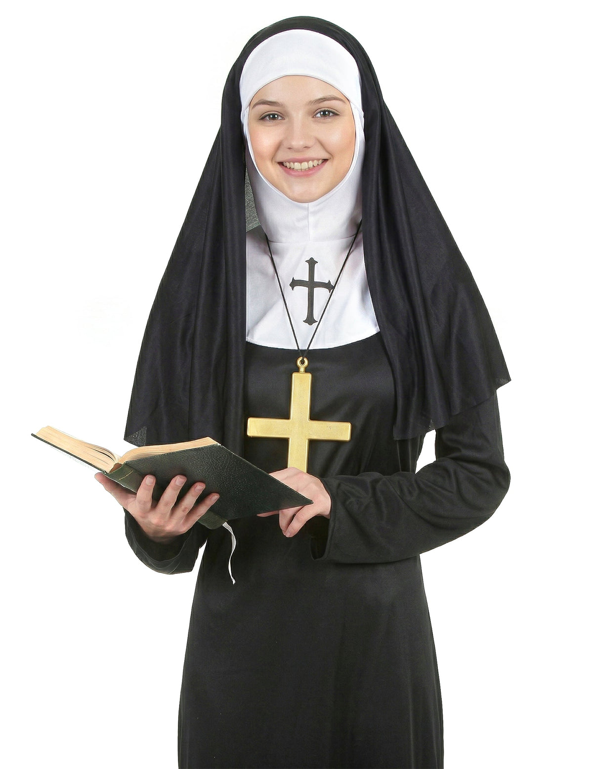 Gros plan sur le buste et les accessoires du déguisement de nonne pour femme