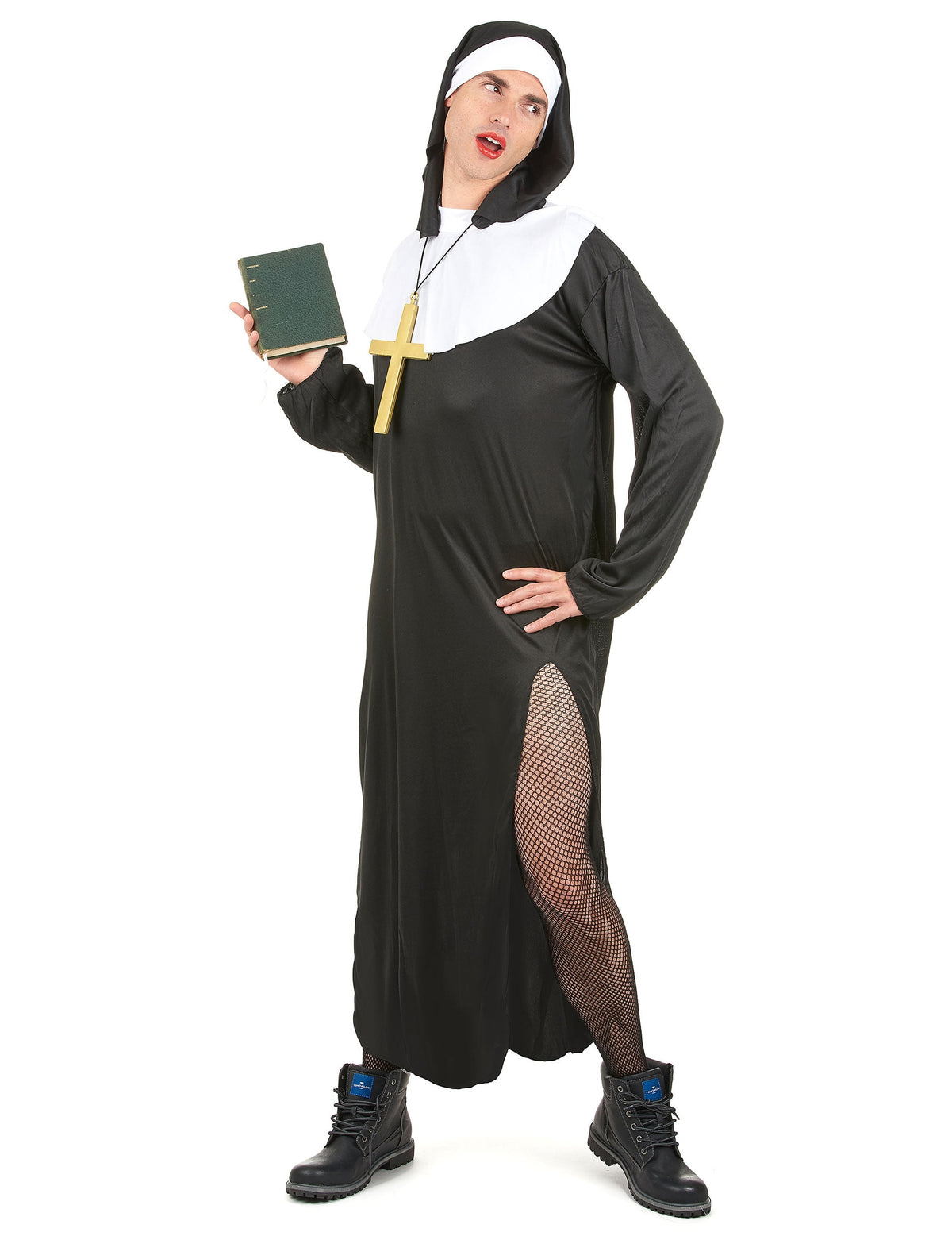 Vue de face avec livre et croix du déguisement de nonne humoristique