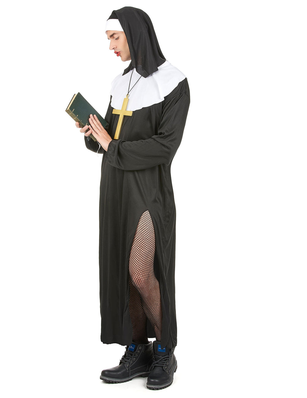 Déguisement de nonne humoristique pour homme noir et blanc avec fente et collants résille