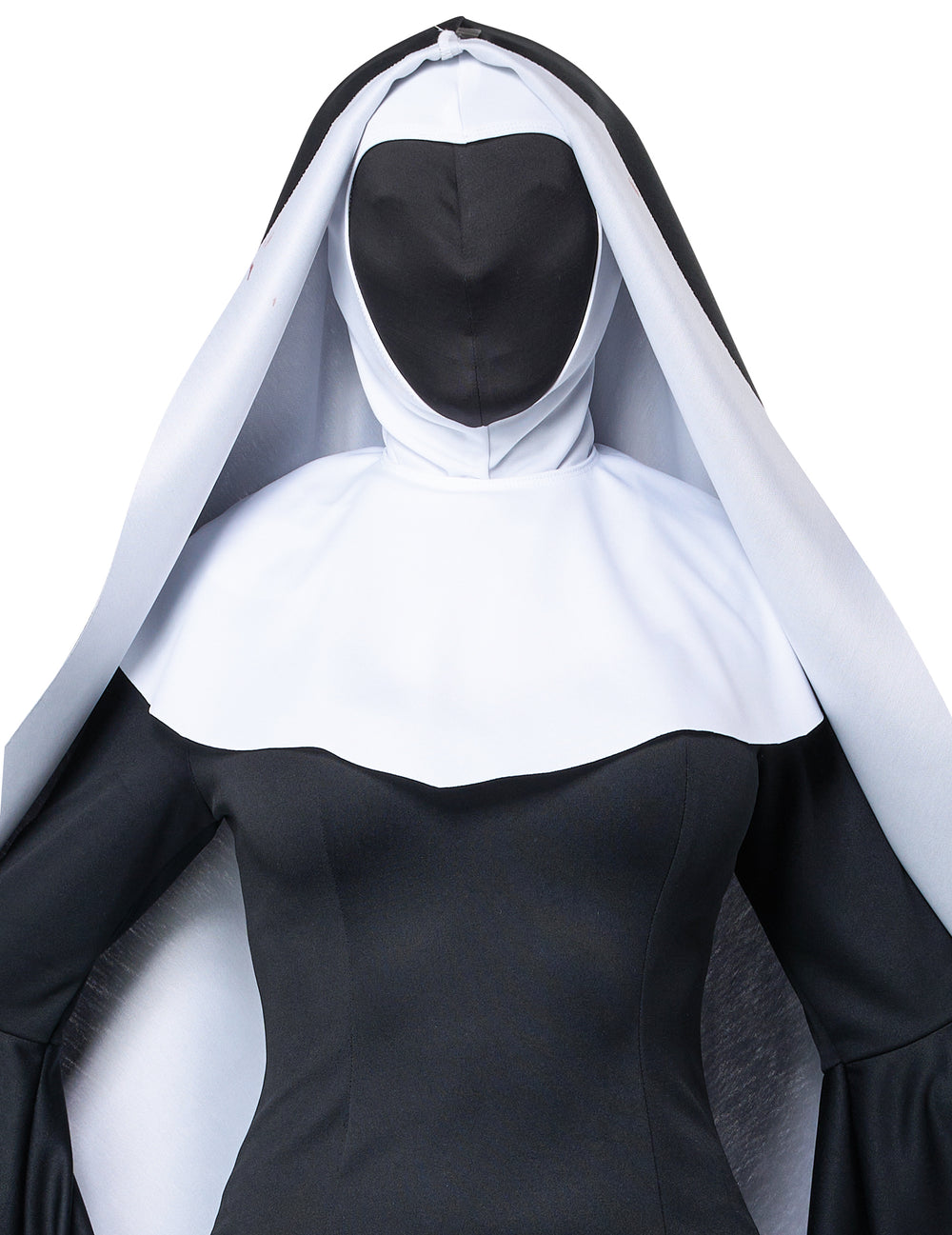 Gros plan sur le visage masqué et la coiffe du déguisement nonne longue luxe