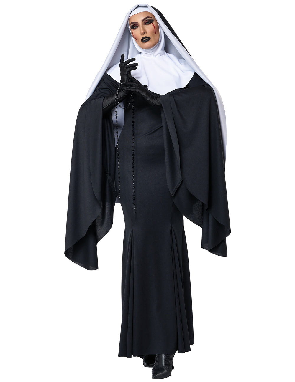 Détail du chapelet et des manches évasées du déguisement nonne longue luxe
