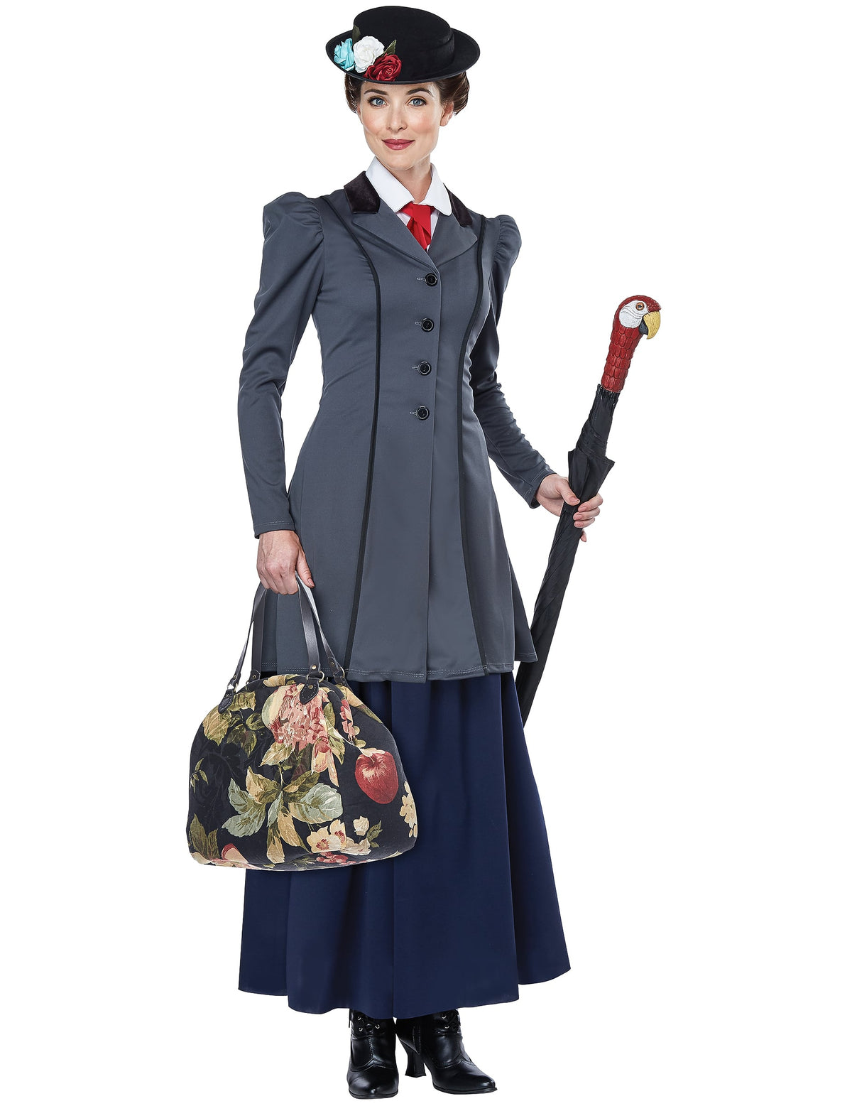 Déguisement de nourrice anglaise pour femme gris et bleu avec chapeau à fleurs