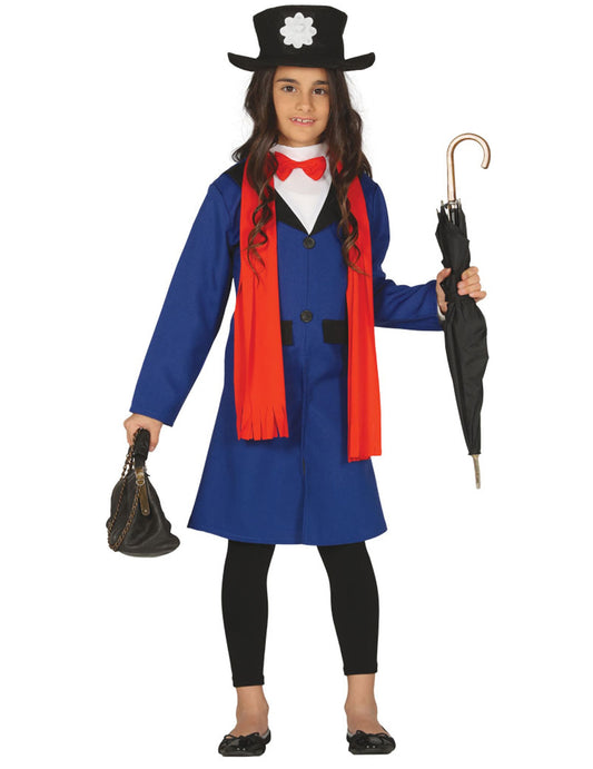 Déguisement de nurse anglaise pour fille bleu et rouge avec chapeau