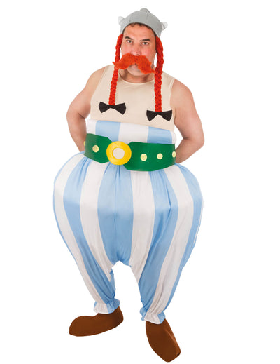 Déguisement Obélix pour adulte rayé bleu et blanc avec ceinture verte