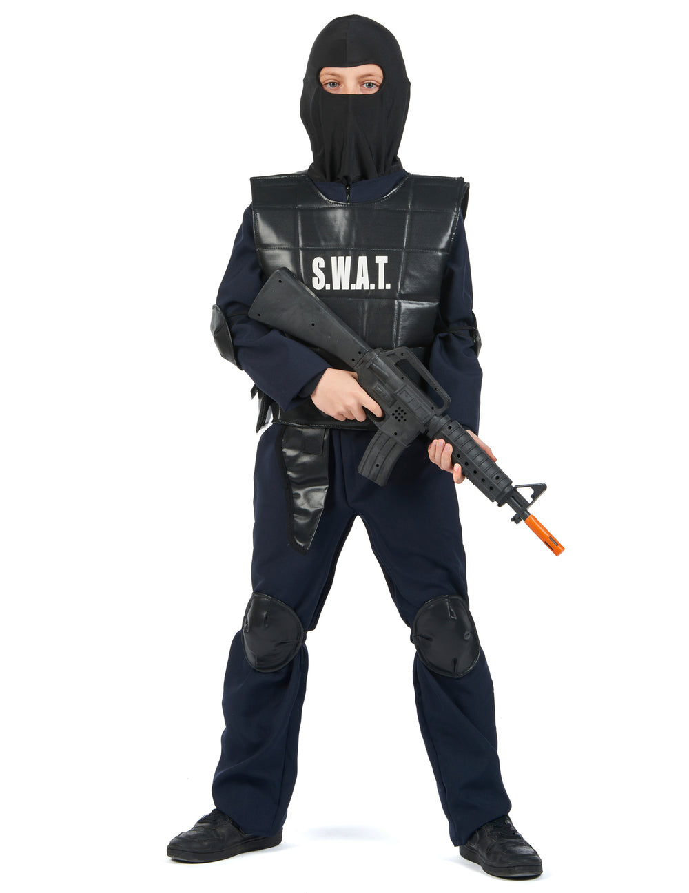 Vue de face avec cagoule et arme factice du déguisement officier du SWAT