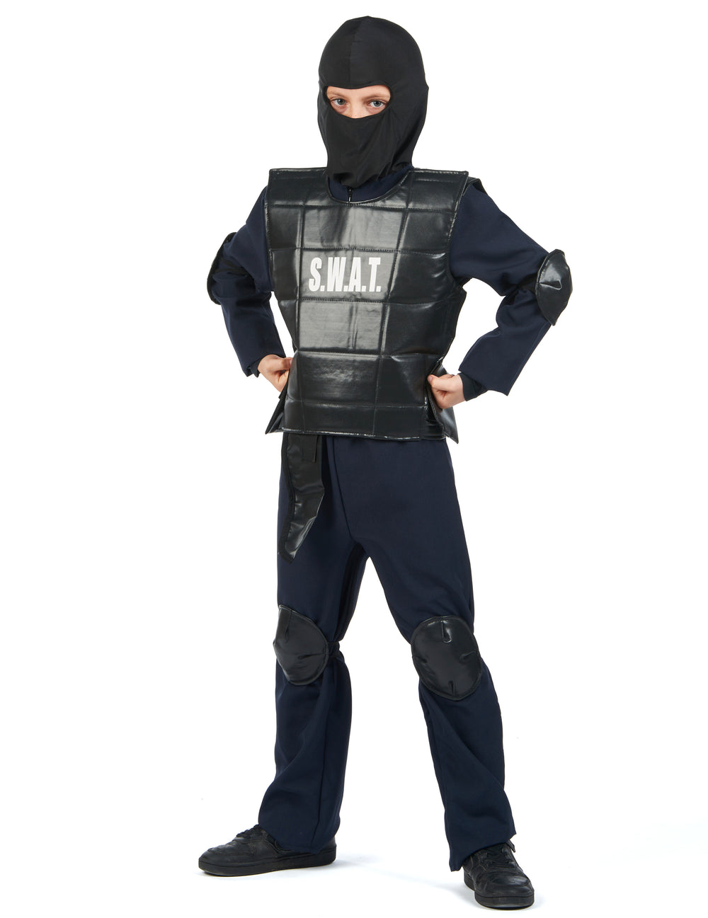 Vue de face avec plastron et genouillères du déguisement officier du SWAT