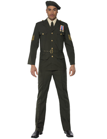 Déguisement d'officier militaire pour homme vert kaki avec béret et médailles