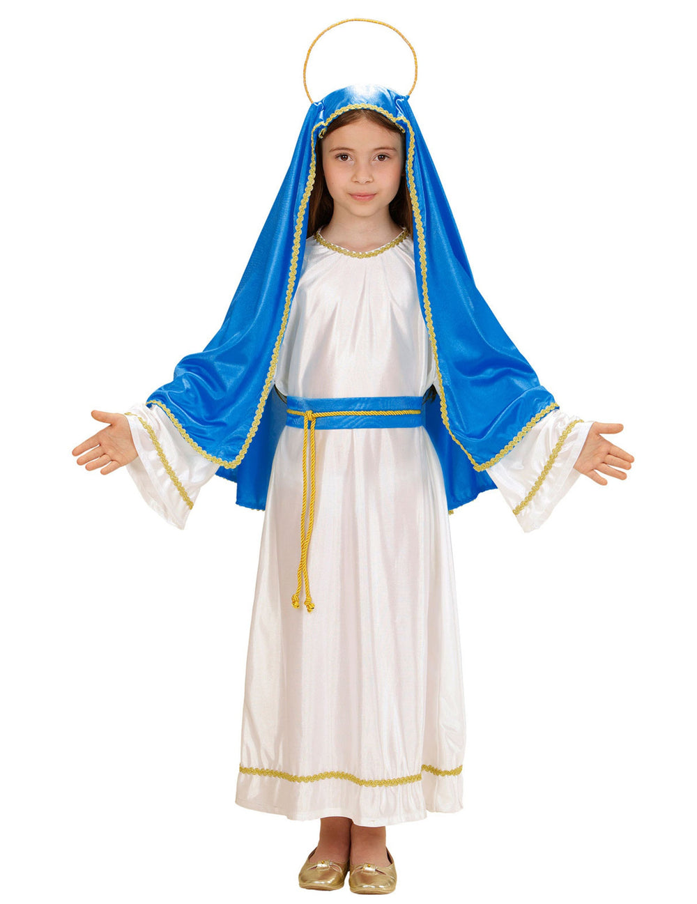 Déguisement de petite Marie pour fille blanc et bleu avec voile et auréole