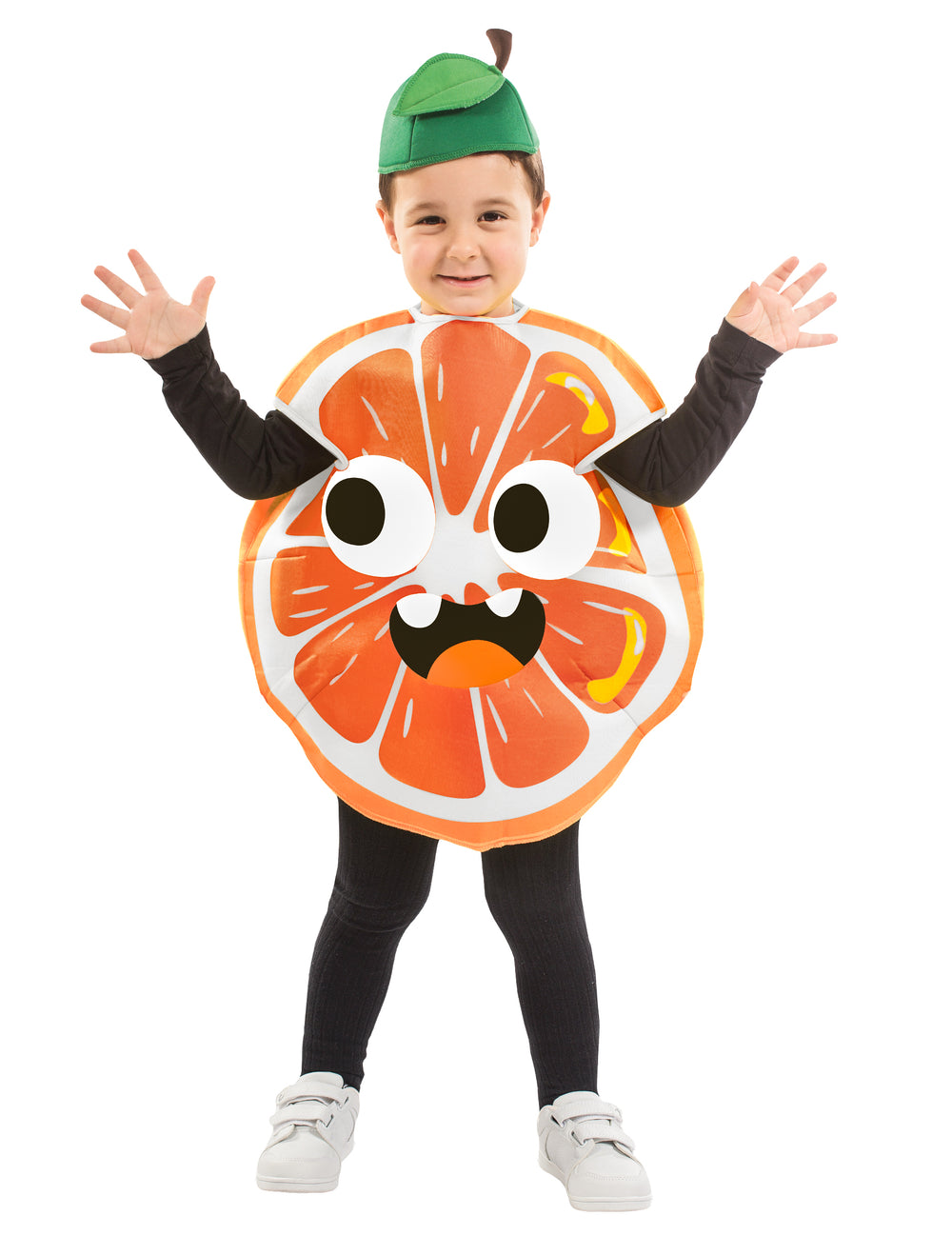 Déguisement de petite orange pour enfant orange avec visage rigolo et chapeau vert
