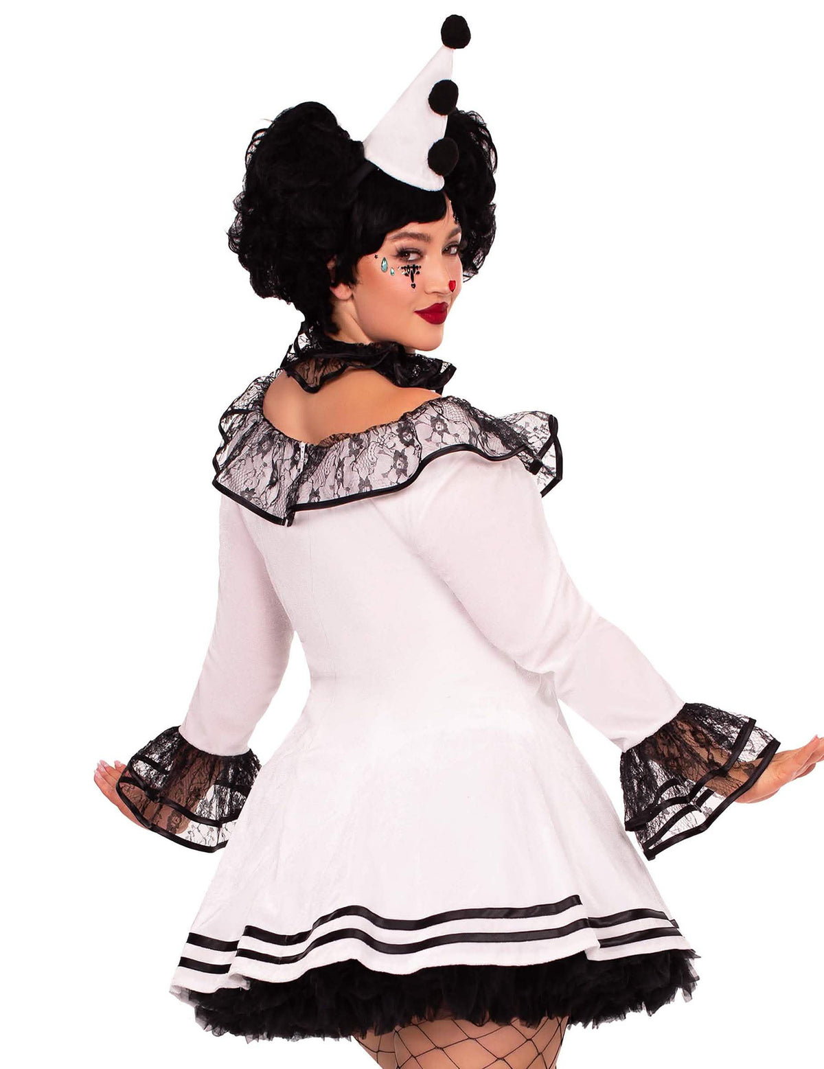Déguisement de pierrot pour femme blanc et noir sexy avec dentelle et chapeau