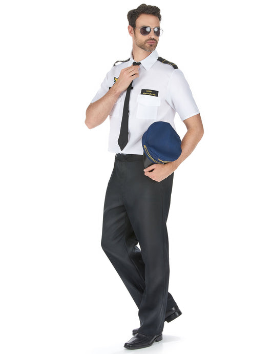 Vue de trois-quarts du déguisement pilote d'avion de ligne pour homme