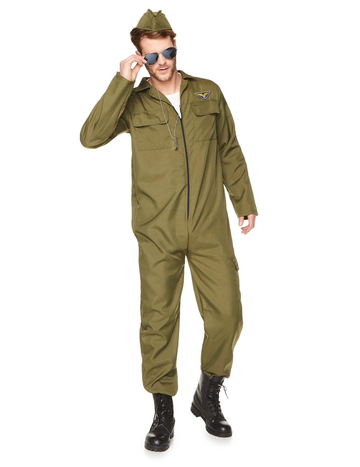Déguisement pilote de chasse complet pour homme vert kaki avec calot