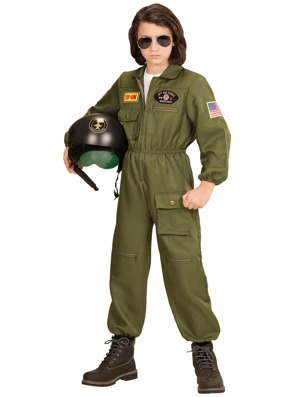 Déguisement pilote de combat pour garçon vert kaki avec casque et lunettes