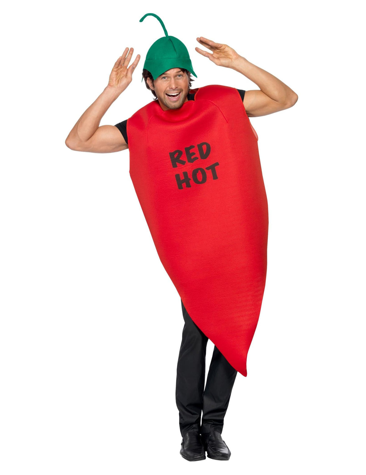 Détail de l'inscription RED HOT du déguisement piment pour adulte