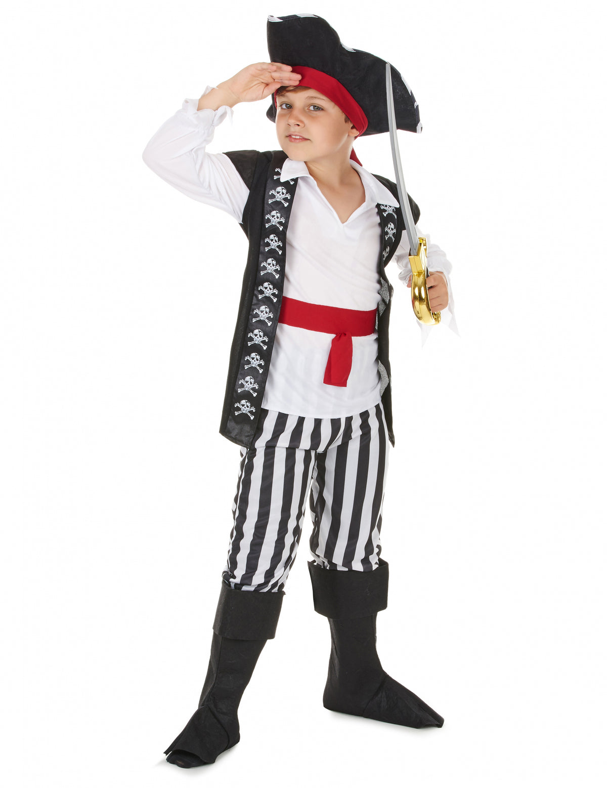 Vue d'ensemble avec chapeau et épée du déguisement de pirate pour garçon avec rayures noires et blanches