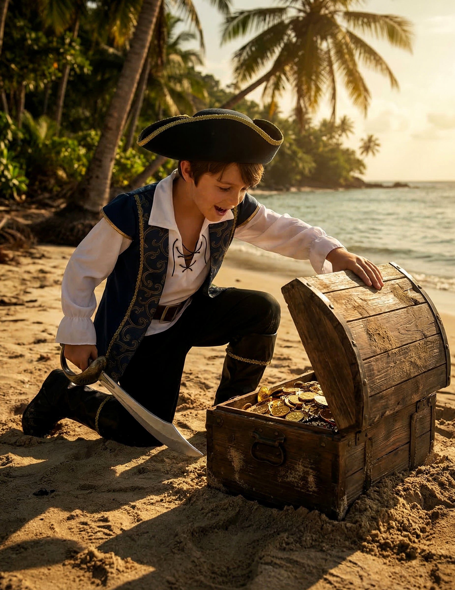 Mise en situation avec coffre au trésor du déguisement de pirate pour garçon