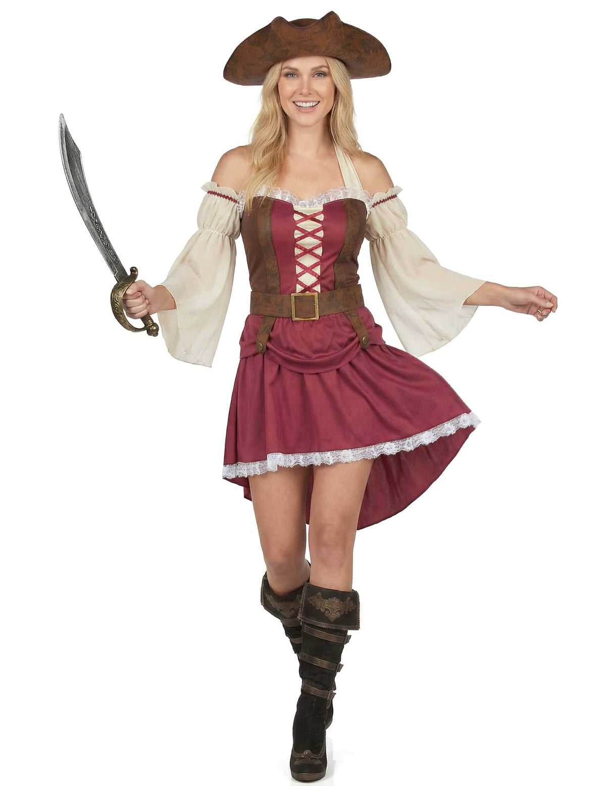 Meč, ki ga v roki drži bordo seksi piratska preobleka za žensko
