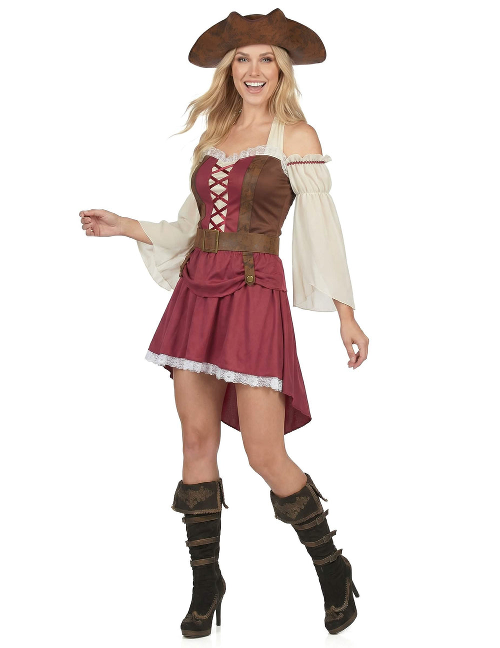 Pogled od spredaj na seksi bordo piratsko kostumo za ženska