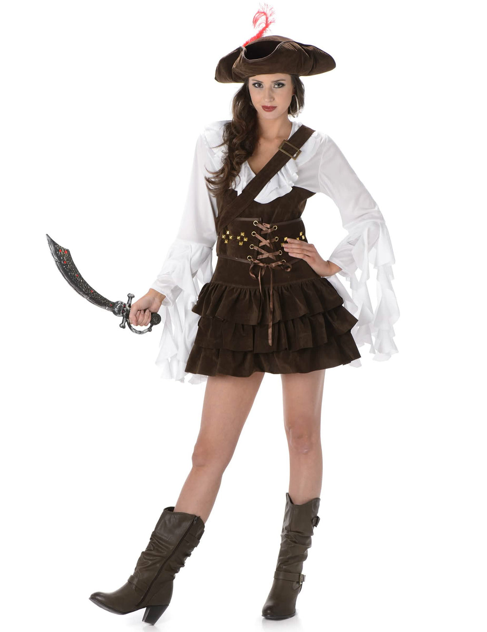 Kostum piratke z učinkom mehke površine za žensko, rjava in bela, s klobukom