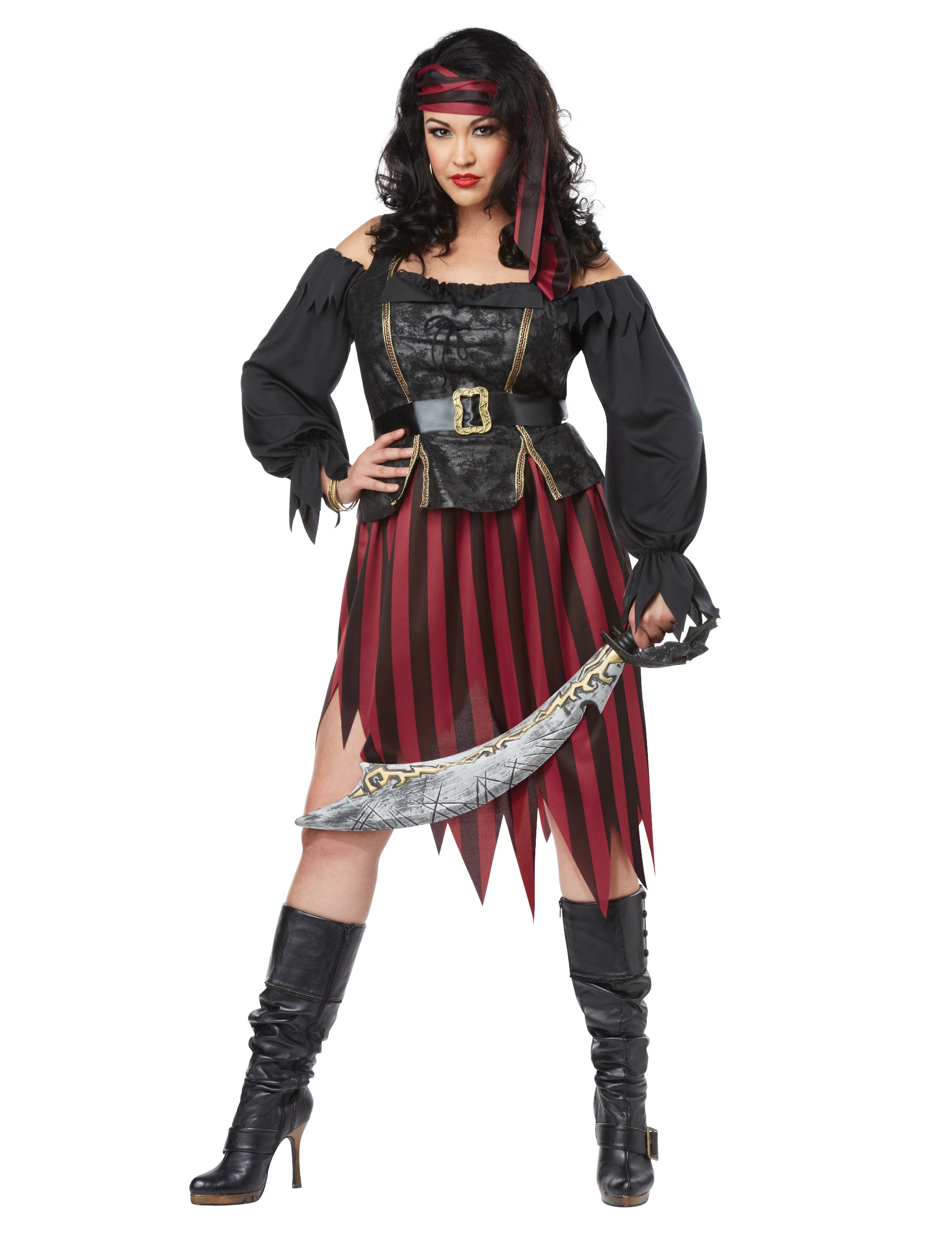 Déguisement pirate luxe pour femme rouge et noir à rayures