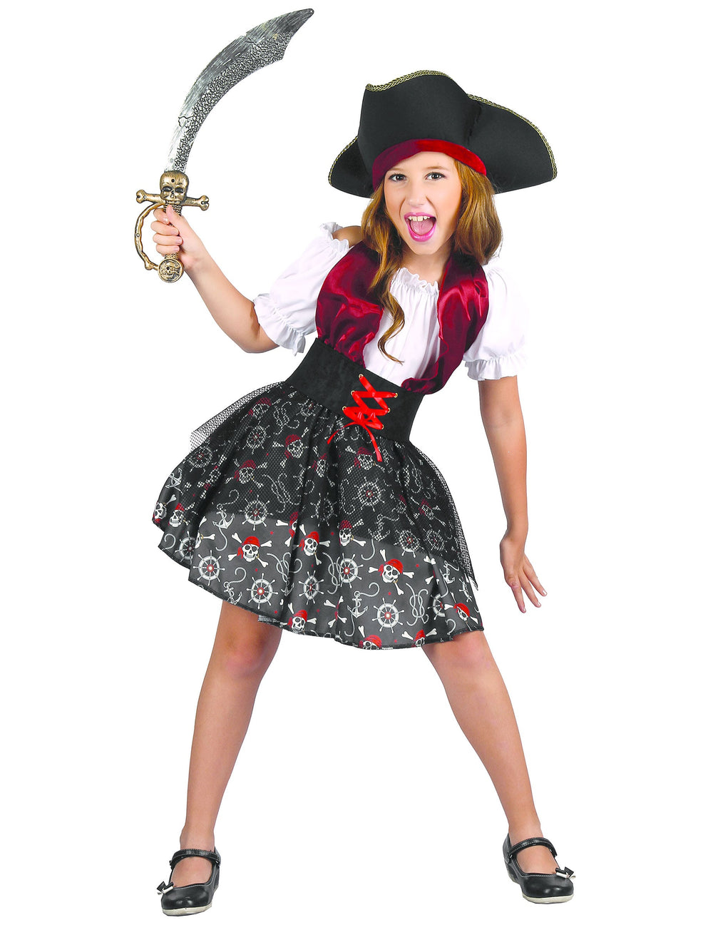 Déguisement pirate imprimé tête de mort pour fille noir rouge et blanc avec chapeau