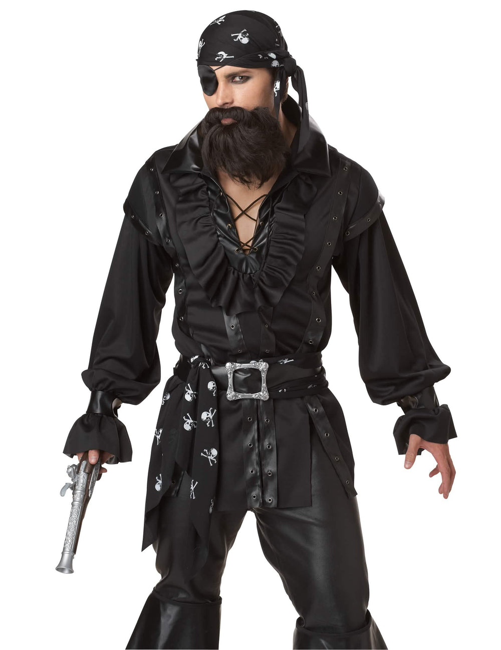 Podrobnost o oprsju in dodatkih črnega moškega piratskega kostuma