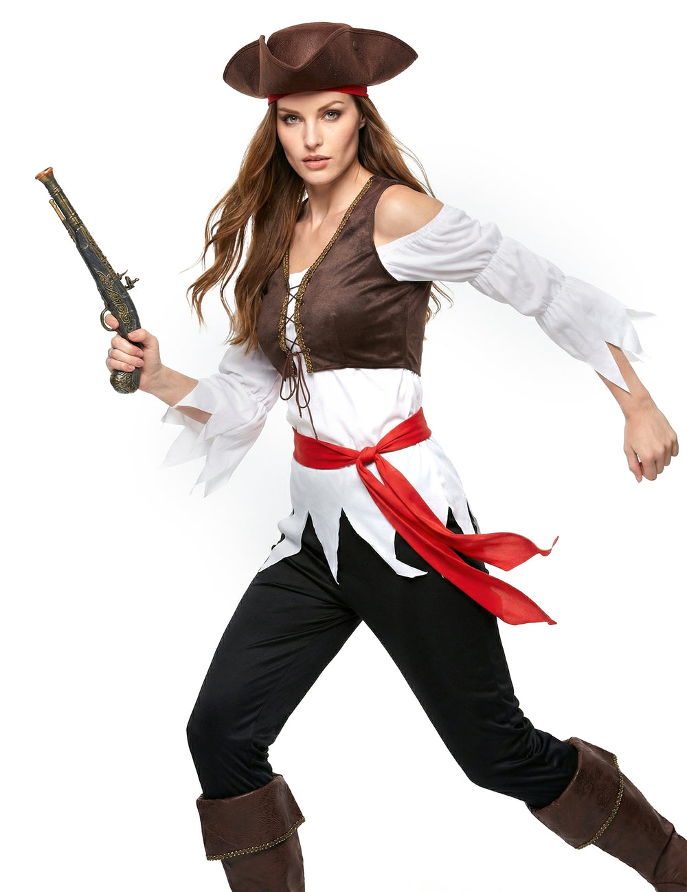 Déguisement de pirate pour femme marron et blanc avec chapeau