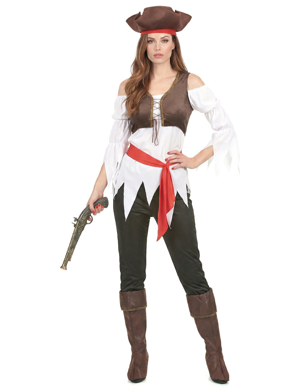 Déguisement pirate pour femme marron et blanc avec chapeau